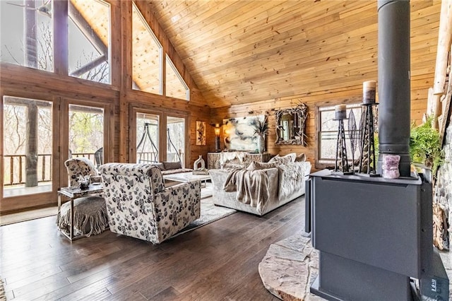 185 SW 51st Rd, Warrensburg, MO 64093 - living room with a wood stove, wooden walls, wood ceiling, high vaulted ceiling, and dark wood-style floors