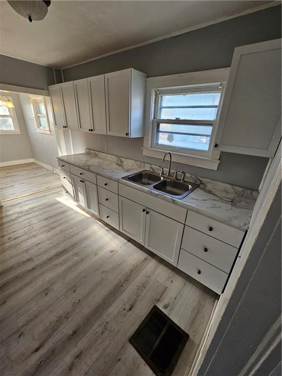 4410 Myrtle Ave, Kansas City, MO 64130 - kitchen with light countertops, visible vents, white cabinetry, and a sink