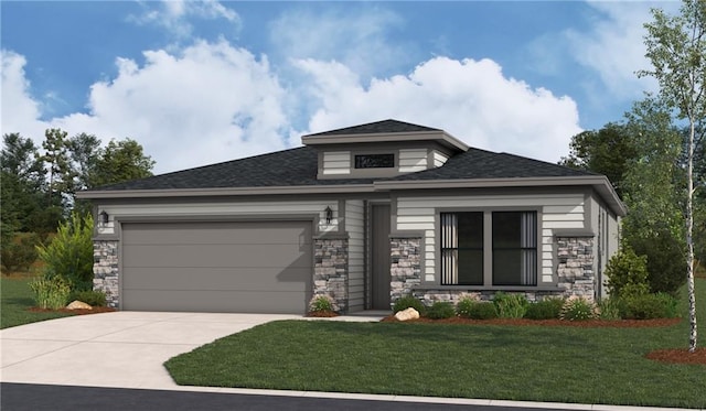 prairie-style house with concrete driveway, a front yard, stone siding, and a garage