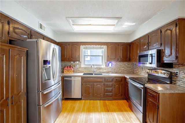 kitchen with appliances with stainless steel finishes, a sink, a textured ceiling, light wood-style flooring, and tasteful backsplash