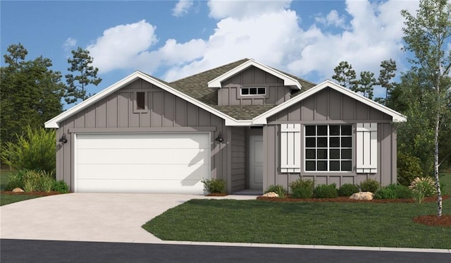 view of front facade with a shingled roof, an attached garage, board and batten siding, a front lawn, and driveway