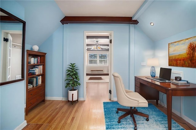 10100 El Monte St, Overland Park, KS 66207 - home office featuring vaulted ceiling with beams, a ceiling fan, and wood finished floors