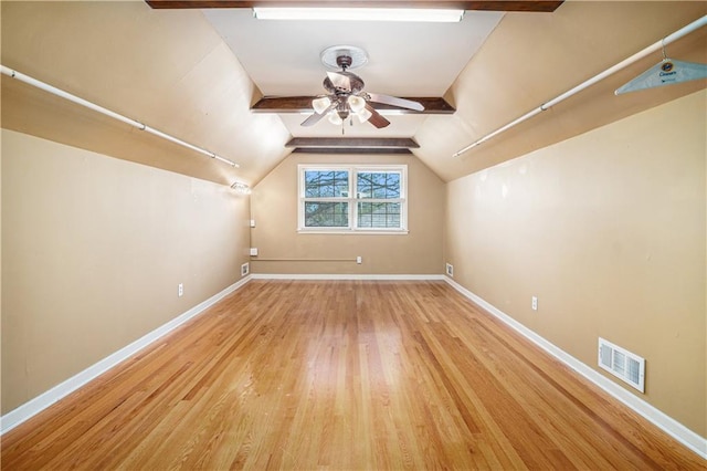 10100 El Monte St, Overland Park, KS 66207 - bonus room with a ceiling fan, visible vents, wood finished floors, baseboards, and vaulted ceiling with beams
