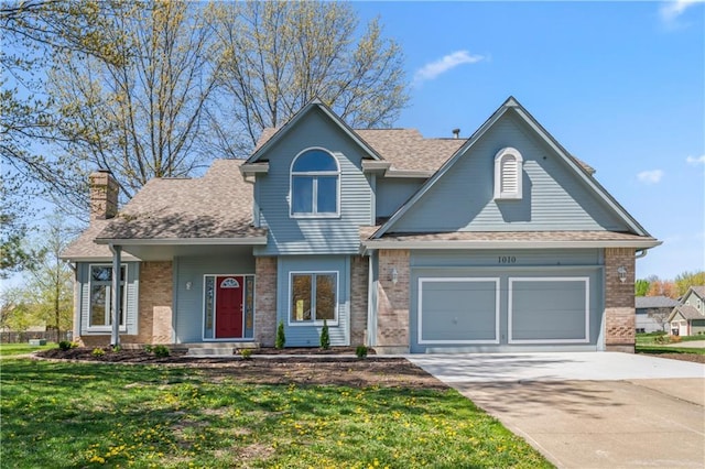 1010 SW Cross Creek Dr, Grain Valley, MO 64029 - view of front of house with concrete driveway, brick siding, a chimney, and a front yard