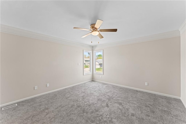 1010 SW Cross Creek Dr, Grain Valley, MO 64029 - carpeted empty room featuring ceiling fan, baseboards, visible vents, and ornamental molding