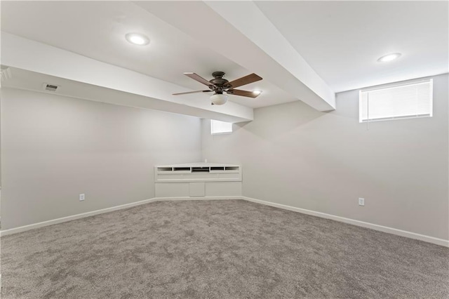 1010 SW Cross Creek Dr, Grain Valley, MO 64029 - additional living space featuring ceiling fan, carpet, baseboards, visible vents, and recessed lighting