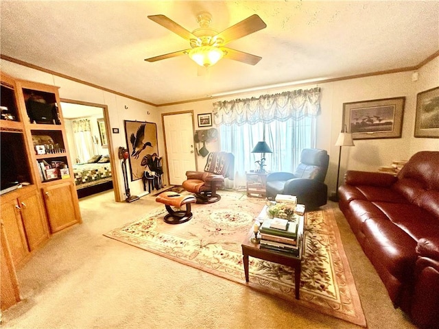 171 E 5th St, Schell City, MO 64783 - living area featuring a ceiling fan, carpet flooring, a textured ceiling, and crown molding