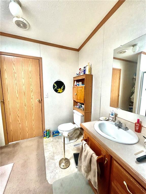 171 E 5th St, Schell City, MO 64783 - bathroom featuring a textured ceiling, toilet, visible vents, vanity, and ornamental molding