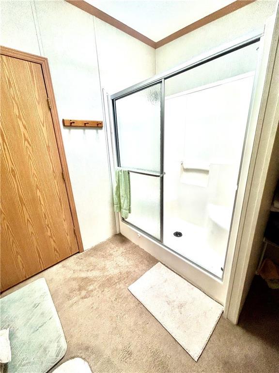 171 E 5th St, Schell City, MO 64783 - bathroom with a shower stall and ornamental molding