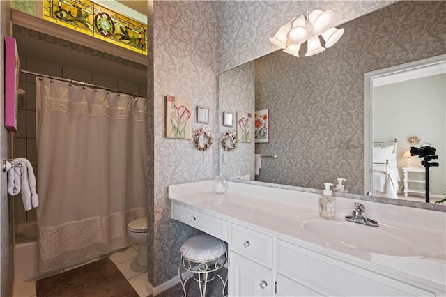 11250 W 191st St, Overland Park, KS 66083 - full bathroom with tile patterned flooring, wallpapered walls, shower / bath combination with curtain, toilet, and vanity