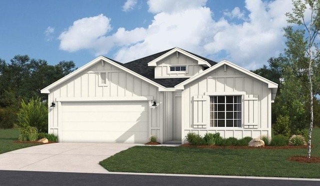 20650 Skyview Ln, Spring Hill, KS 66083 - modern inspired farmhouse with concrete driveway, roof with shingles, board and batten siding, an attached garage, and a front yard