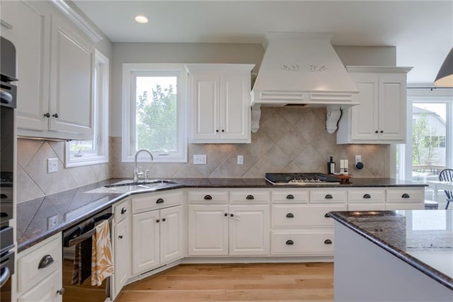 9500 N Lane Ave, Kansas City, MO 64157 - kitchen featuring a sink, dishwasher, white cabinetry, custom range hood, and gas stovetop