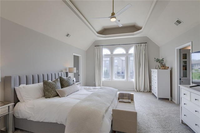 9500 N Lane Ave, Kansas City, MO 64157 - bedroom featuring a ceiling fan, light carpet, lofted ceiling, and visible vents