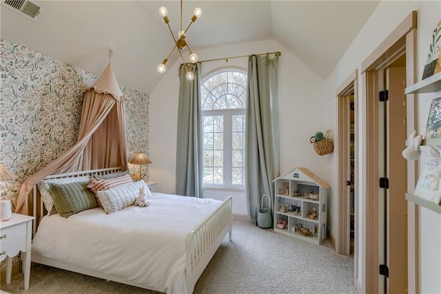 9500 N Lane Ave, Kansas City, MO 64157 - bedroom featuring visible vents, light colored carpet, and lofted ceiling