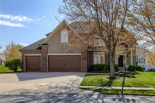 9500 N Lane Ave, Kansas City, MO 64157 - traditional home with a front yard, stucco siding, brick siding, an attached garage, and driveway