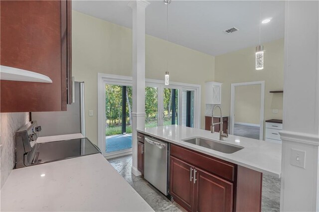 kitchen with a sink, electric range, visible vents, a high ceiling, and dishwasher