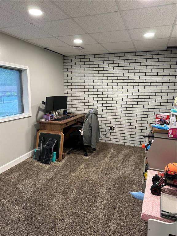 carpeted home office featuring recessed lighting, baseboards, and a drop ceiling