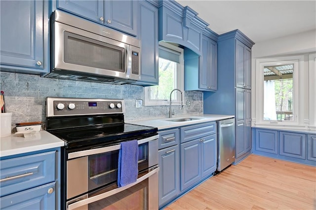 kitchen with blue cabinets and stainless steel appliances