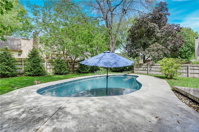 view of pool featuring a lawn, a fenced in pool, a fenced backyard, and a patio area