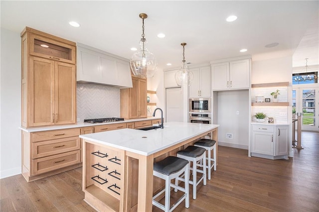 2315 SW Serena Pl, Lees Summit, MO 64082 - kitchen featuring open shelves, appliances with stainless steel finishes, recessed lighting, dark wood-style floors, and decorative backsplash