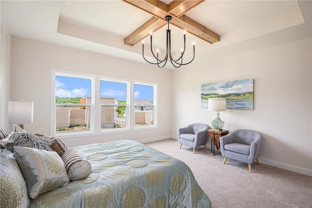 2315 SW Serena Pl, Lees Summit, MO 64082 - bedroom featuring a chandelier, beamed ceiling, and carpet flooring