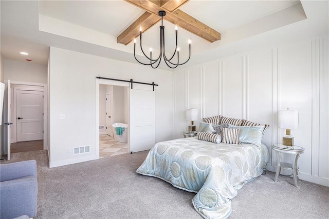 2315 SW Serena Pl, Lees Summit, MO 64082 - bedroom with a barn door, a decorative wall, beamed ceiling, carpet, and a chandelier