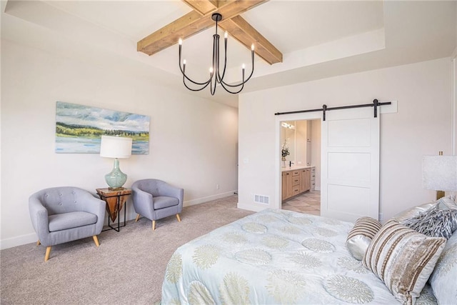 2315 SW Serena Pl, Lees Summit, MO 64082 - bedroom with a barn door, a chandelier, beamed ceiling, light colored carpet, and ensuite bathroom