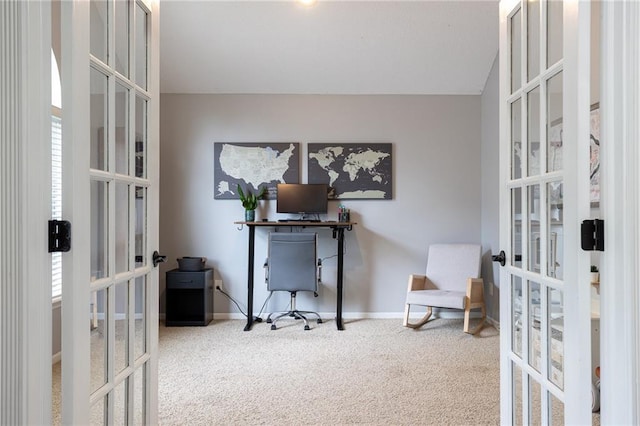 home office featuring french doors, carpet flooring, baseboards, and a wealth of natural light