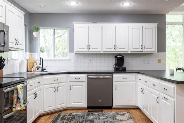 kitchen with white cabinetry, wood finished floors, dark countertops, and stainless steel appliances