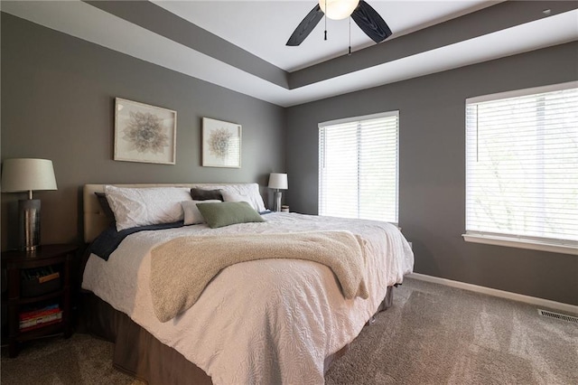 carpeted bedroom featuring baseboards, visible vents, multiple windows, and a raised ceiling