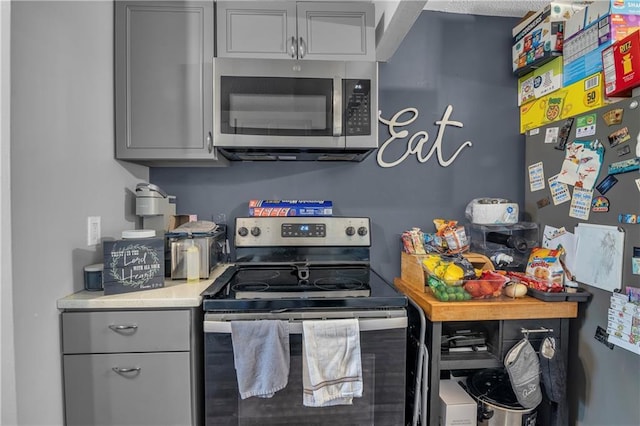 kitchen featuring appliances with stainless steel finishes, gray cabinetry, and light countertops