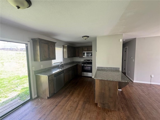 kitchen with stainless steel appliances, a peninsula, dark wood-style floors, and a sink