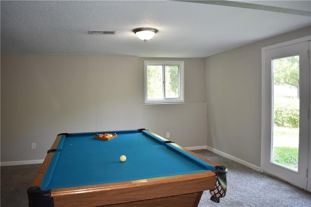 101 W Minor Dr, Kansas City, MO 64114 - playroom featuring billiards, baseboards, carpet, and a textured ceiling