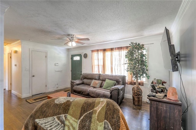6606 E 135th St, Grandview, MO 64030 - living area with a ceiling fan, wood finished floors, a textured ceiling, crown molding, and baseboards