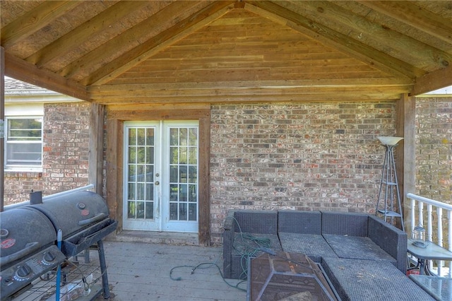 6606 E 135th St, Grandview, MO 64030 - view of patio featuring french doors, an outdoor hangout area, a grill, and a wooden deck