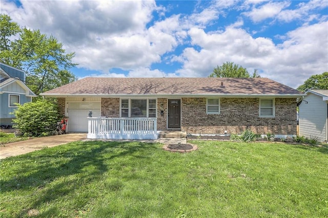 6606 E 135th St, Grandview, MO 64030 - ranch-style home with an attached garage, brick siding, driveway, and a porch