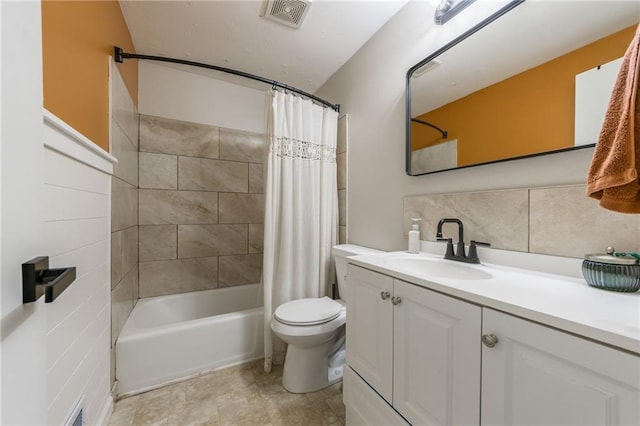 bathroom with shower / bathtub combination with curtain, toilet, visible vents, and vanity