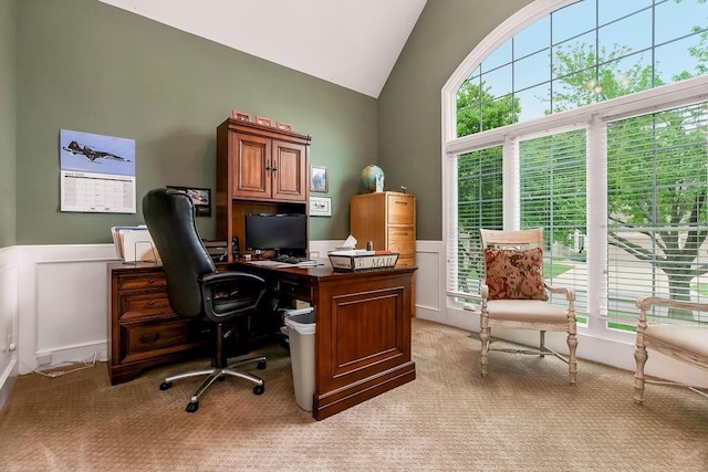 5720 NE Quartz Dr, Lees Summit, MO 64064 - office space with light colored carpet, wainscoting, lofted ceiling, and a decorative wall