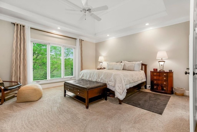 5720 NE Quartz Dr, Lees Summit, MO 64064 - carpeted bedroom with recessed lighting, ornamental molding, ceiling fan, and a tray ceiling