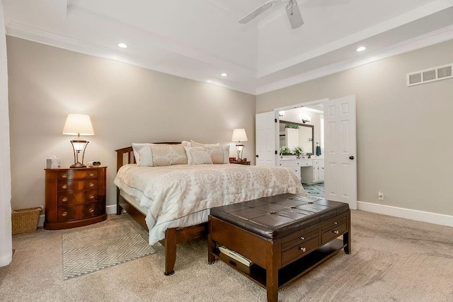 5720 NE Quartz Dr, Lees Summit, MO 64064 - bedroom featuring crown molding, carpet floors, recessed lighting, a tray ceiling, and visible vents