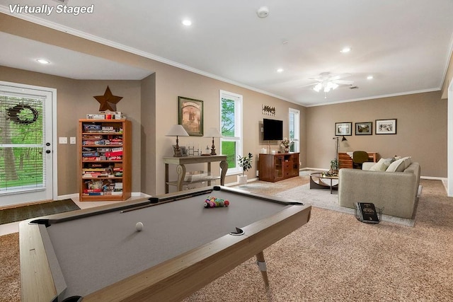 5720 NE Quartz Dr, Lees Summit, MO 64064 - rec room with recessed lighting, baseboards, ornamental molding, and ceiling fan