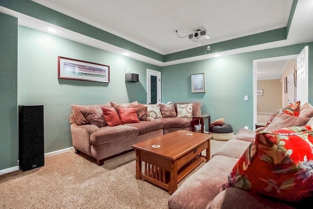 5720 NE Quartz Dr, Lees Summit, MO 64064 - living room featuring baseboards, light carpet, and a raised ceiling