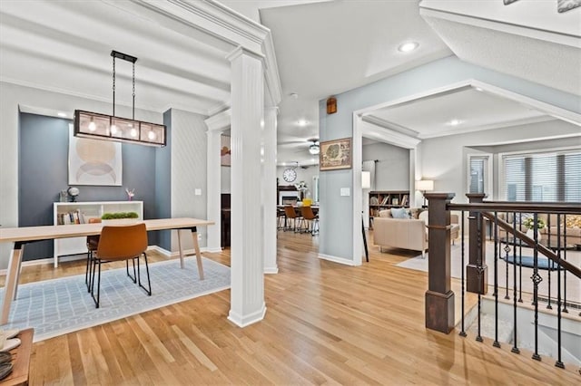 12544 Grand Ct, Kansas City, MO 64145 - office space featuring crown molding, decorative columns, light wood-style flooring, baseboards, and recessed lighting