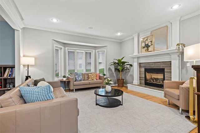 12544 Grand Ct, Kansas City, MO 64145 - living room with crown molding, wood finished floors, and recessed lighting