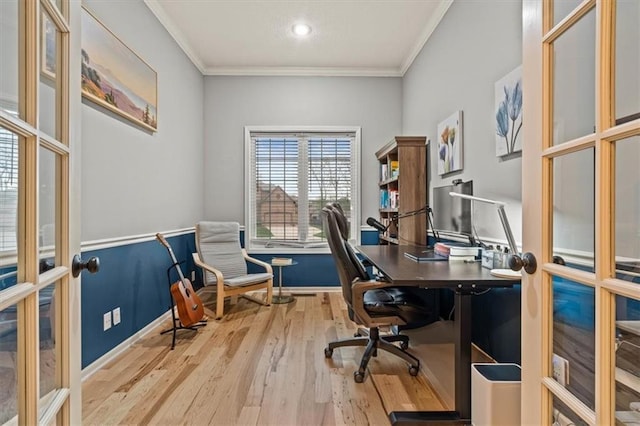 12544 Grand Ct, Kansas City, MO 64145 - office area with baseboards, french doors, wood finished floors, and ornamental molding