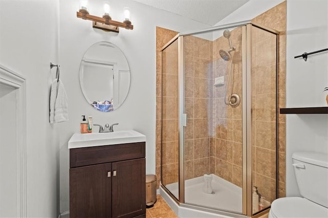 12544 Grand Ct, Kansas City, MO 64145 - full bathroom with a shower stall, a textured ceiling, toilet, and vanity