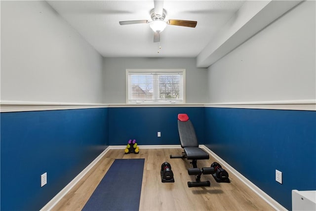 12544 Grand Ct, Kansas City, MO 64145 - exercise room with ceiling fan, baseboards, and wood finished floors