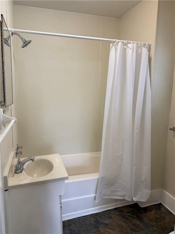 full bathroom with vanity and shower / tub combo with curtain