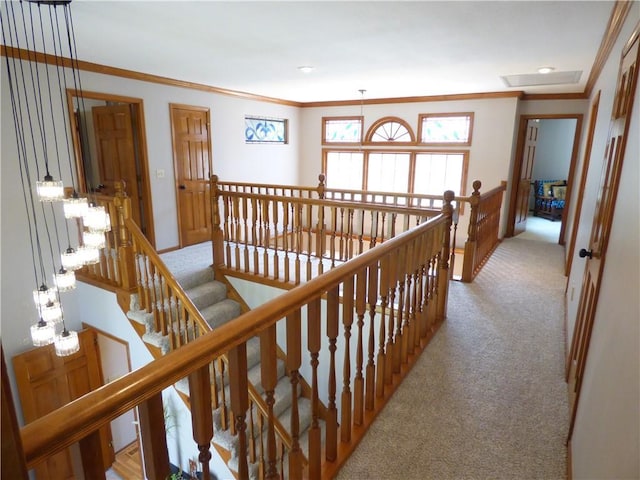 2405 W 123rd Ter, Leawood, KS 66209 - hall featuring crown molding, carpet flooring, an upstairs landing, and recessed lighting