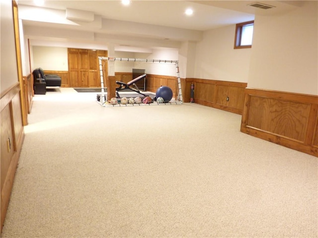 2405 W 123rd Ter, Leawood, KS 66209 - exercise room with wainscoting, visible vents, carpet, and recessed lighting